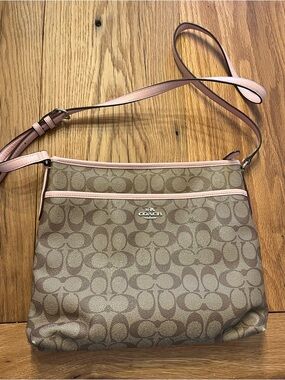 Coach Brown Signature Crossbody with Pink Trim